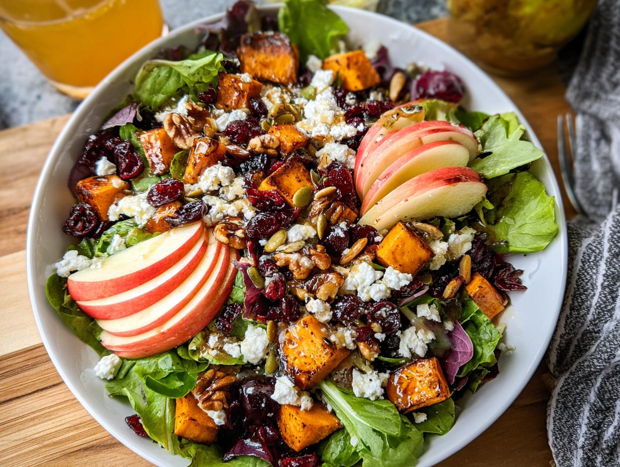 A vibrant Fall Harvest Salad with Cranberries, featuring roasted sweet potatoes, apples, feta cheese, nuts, and dried cranberries.