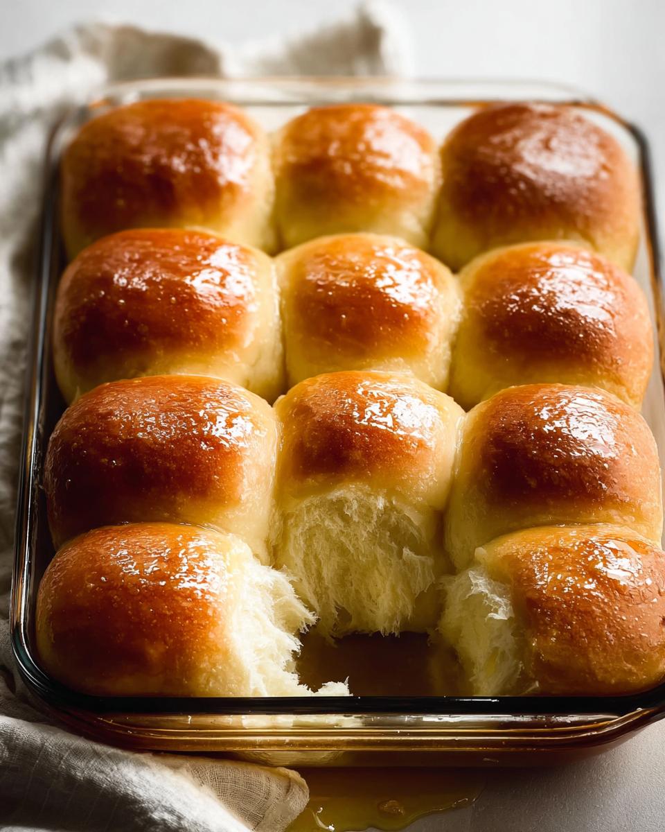 A close-up of fluffy homemade dinner rolls baked in a glass dish, with one roll pulled apart to show the soft interior.