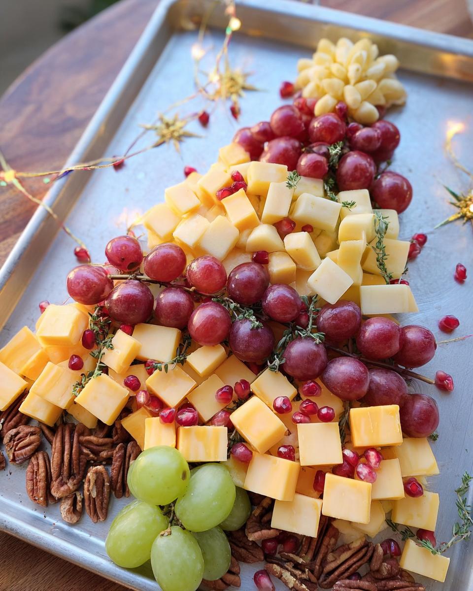 A beautifully arranged Fruit and Cheese Christmas Board shaped like a tree, featuring grapes, cheese cubes, pecans, and pomegranate seeds.