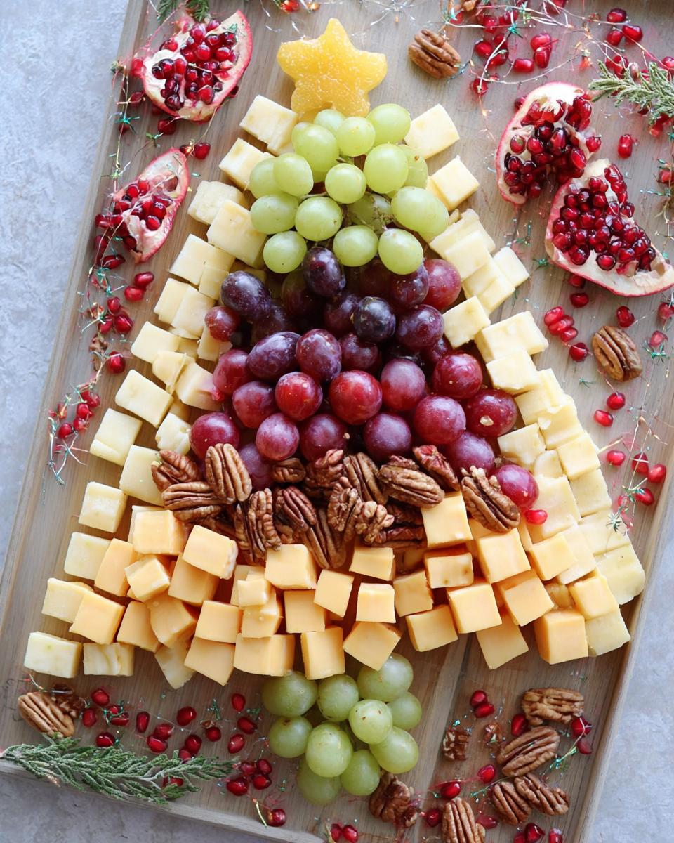 A festive Fruit and Cheese Christmas Board arranged in the shape of a Christmas tree, featuring grapes, cheese cubes, pecans, and pomegranate seeds.