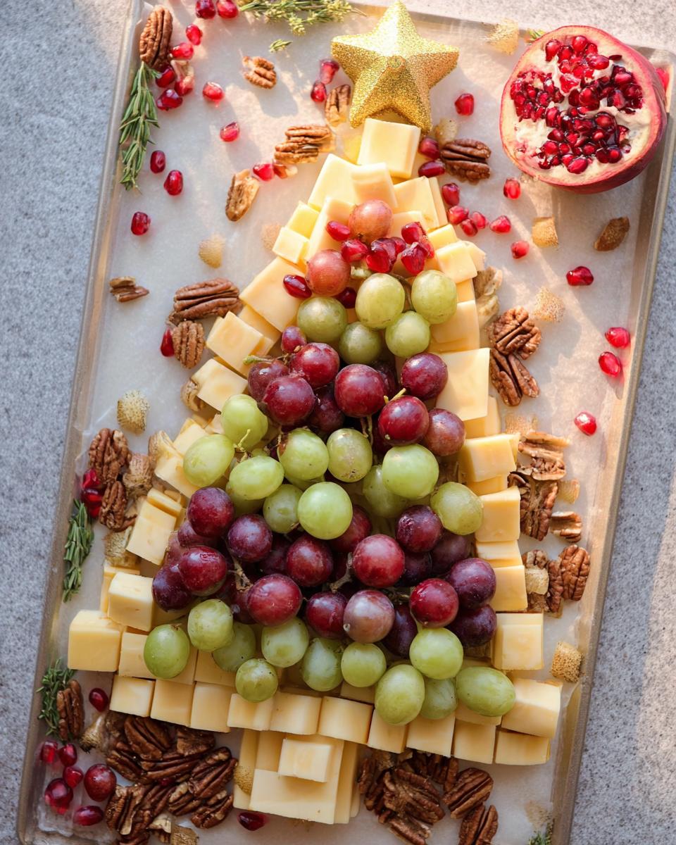A festive Fruit and Cheese Christmas Board arranged in the shape of a Christmas tree, adorned with grapes, pomegranate seeds, pecans, and a golden star.