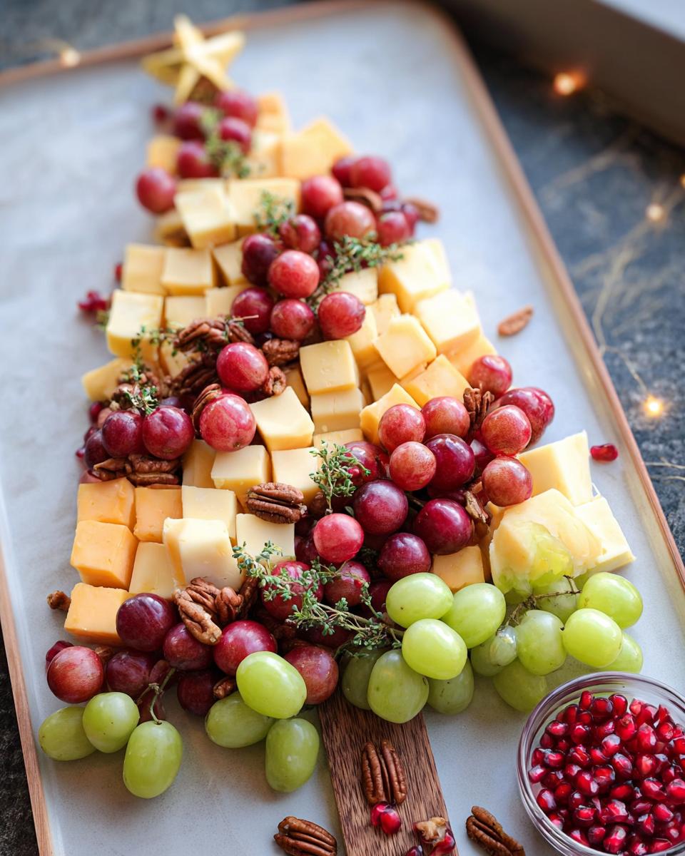 A festive Fruit and Cheese Christmas Board arranged in the shape of a tree, featuring cubed cheeses, red and green grapes, pecans, and a star topper.