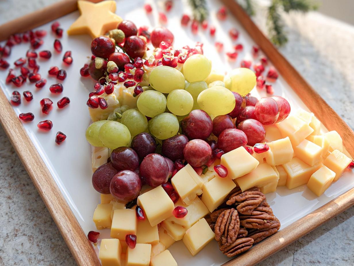 A festive Fruit and Cheese Christmas Board arranged in the shape of a tree, featuring grapes, pomegranate seeds, cheese cubes, and pecans.