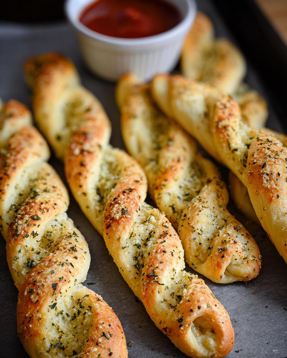Close-up of golden-brown Garlic Parmesan Breadsticks twisted and sprinkled with herbs and cheese, served with marinara sauce.