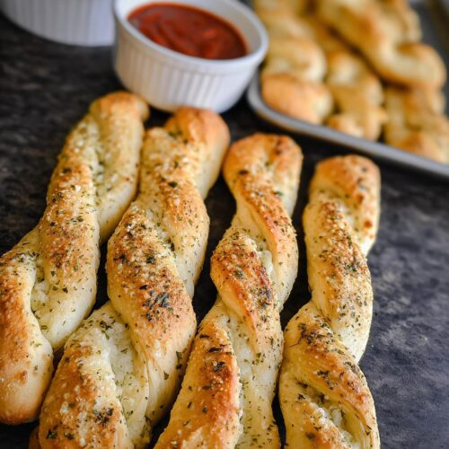 Close-up of golden brown Garlic Parmesan Breadsticks twisted and sprinkled with herbs and cheese, with marinara sauce in the background.
