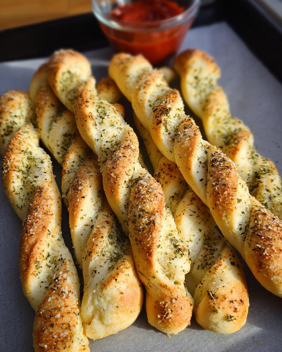 A close-up of golden-brown Garlic Parmesan Breadsticks twisted and sprinkled with herbs and cheese, with a small bowl of marinara sauce in the background.