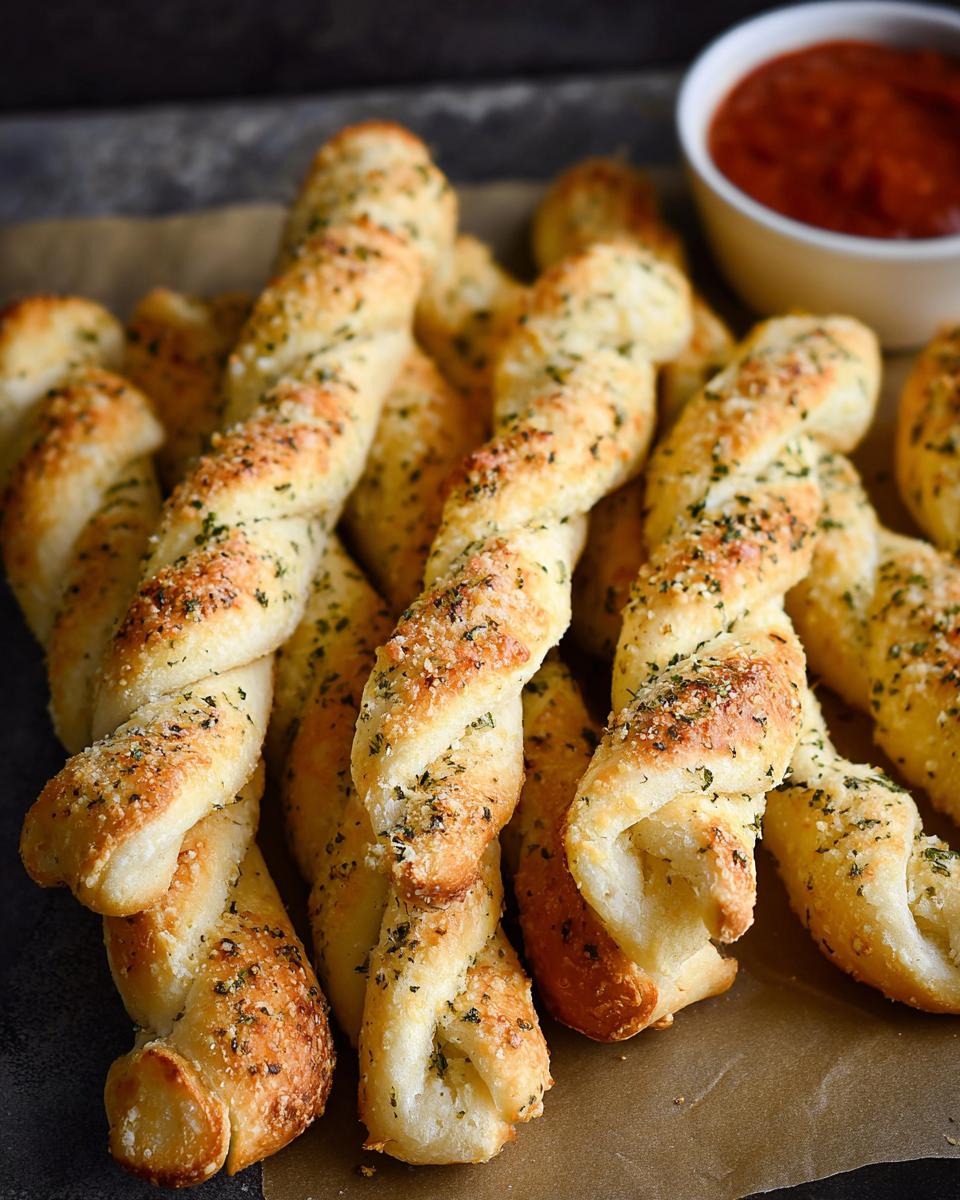 A close-up shot of golden brown, twisted Garlic Parmesan Breadsticks sprinkled with herbs and cheese, served with a side of marinara sauce.