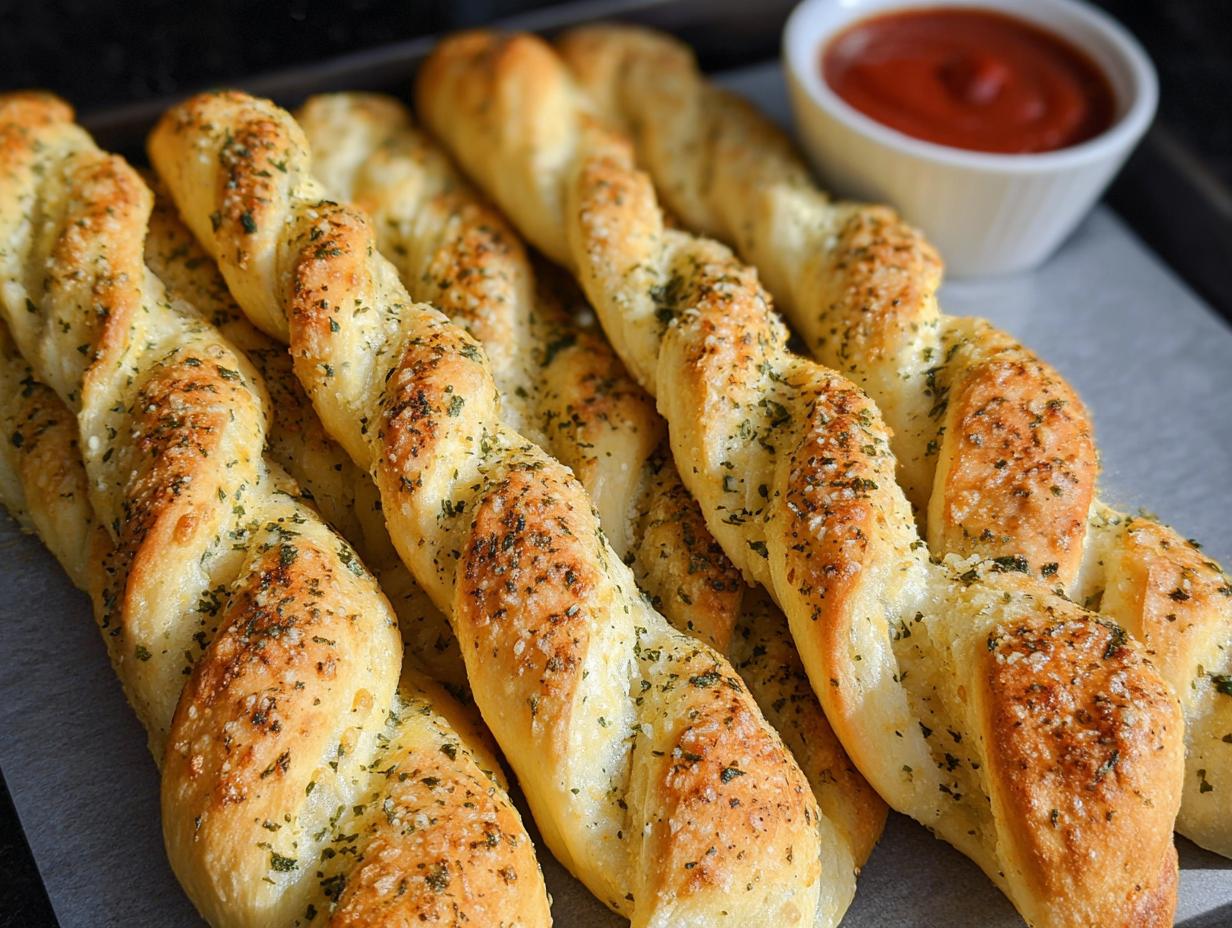 Close-up of golden-brown twisted Garlic Parmesan Breadsticks sprinkled with herbs and cheese, served with a side of marinara sauce.
