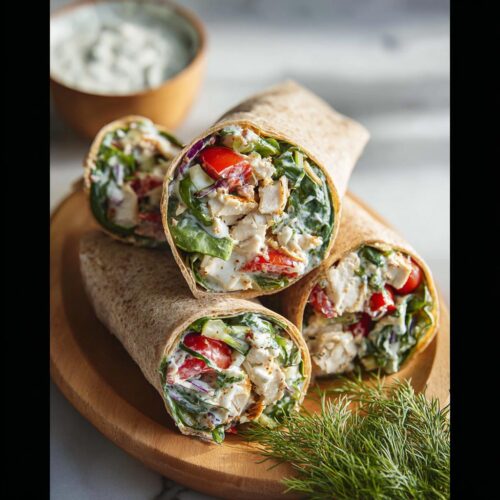 Four delicious Garlic Ranch Chicken Wraps with Spinach, filled with chicken, spinach, tomatoes, and cucumber, served on a wooden plate.