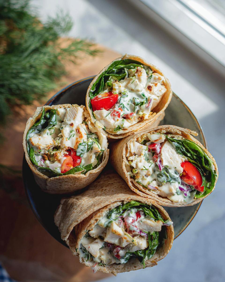 Four Garlic Ranch Chicken Wraps with Spinach, cut in half to show filling of chicken, spinach, tomatoes, and creamy ranch sauce.