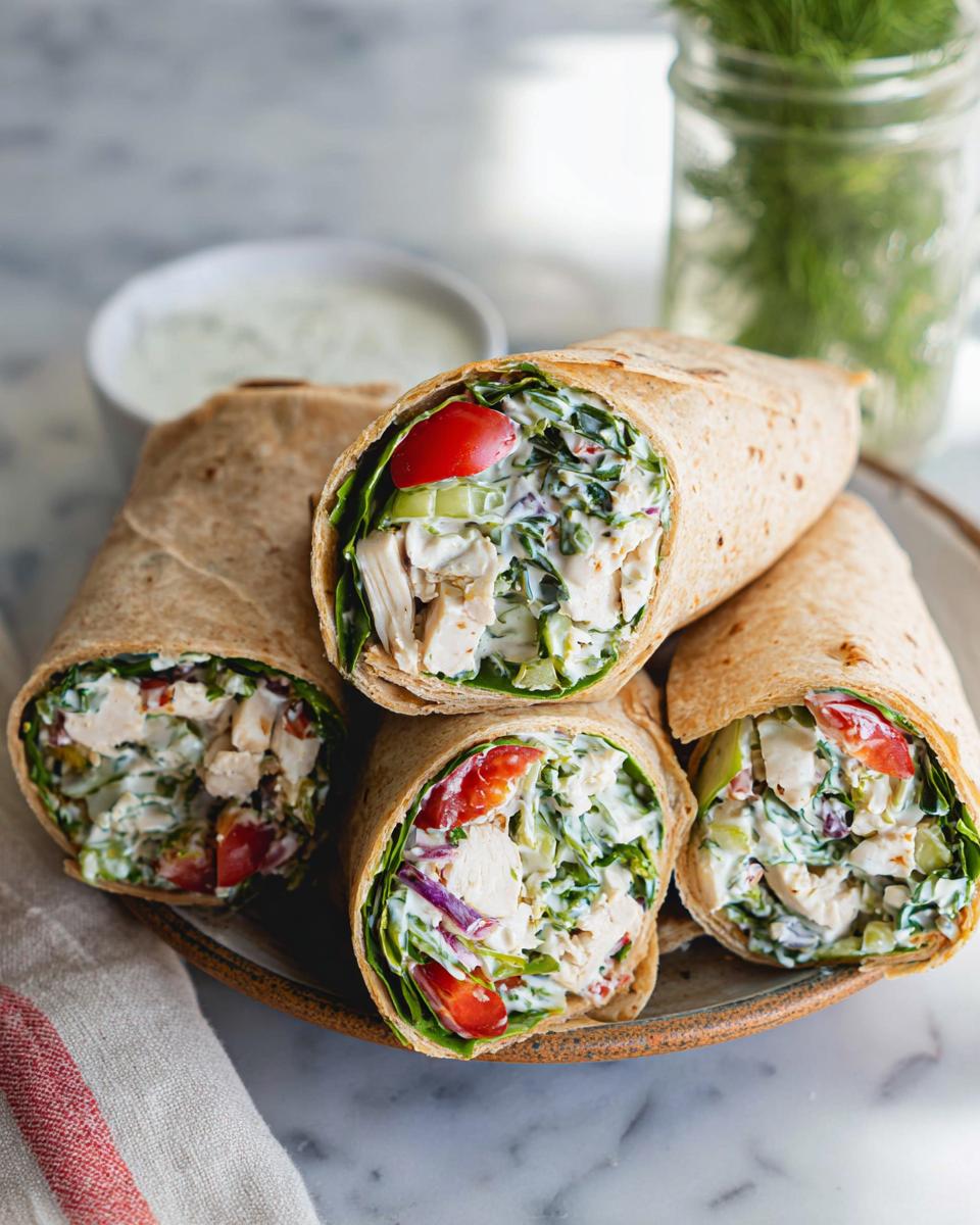 Four Garlic Ranch Chicken Wraps with Spinach piled on a plate, showing chicken, spinach, tomatoes, and cucumber.