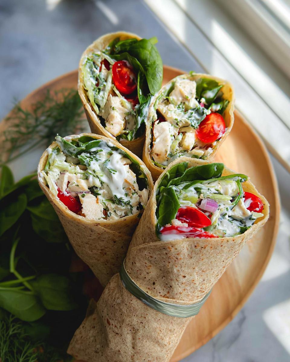 Four Garlic Ranch Chicken Wraps with Spinach, cut in half to show filling of chicken, spinach, tomatoes, and ranch dressing.