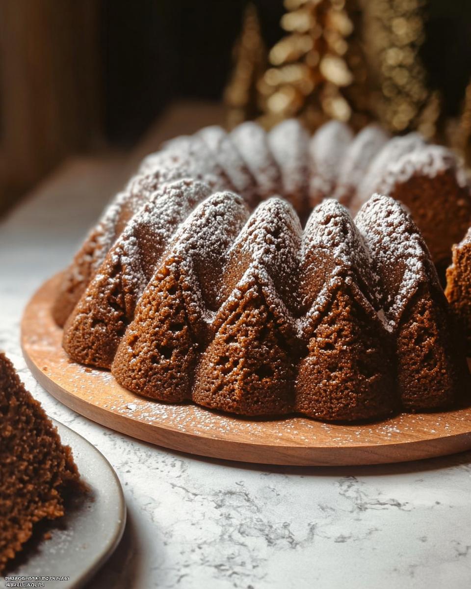 A beautifully baked Gingerbread Bundt Cake dusted with powdered sugar, ready to be served.
