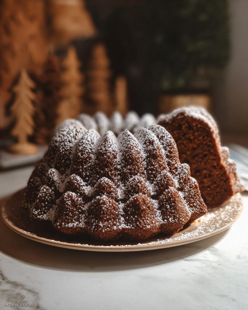 A moist Gingerbread Bundt Cake dusted with powdered sugar, with a slice cut out, on a plate.