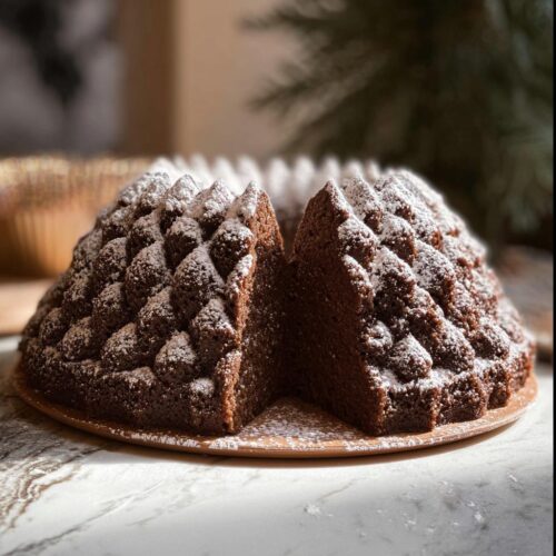 A rich, dark Gingerbread Bundt Cake dusted with powdered sugar, with a slice removed.