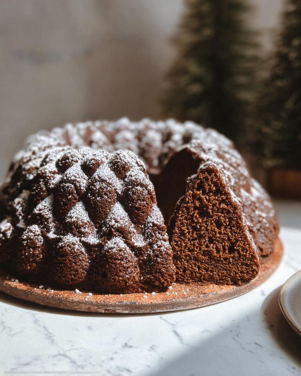 A slice is cut from a moist Gingerbread Bundt Cake dusted with powdered sugar, showcasing its tender crumb.