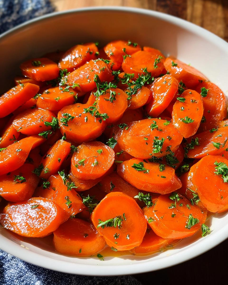 Close-up of a bowl of bright orange Glazed Carrots, garnished with fresh parsley, ready for Thanksgiving.