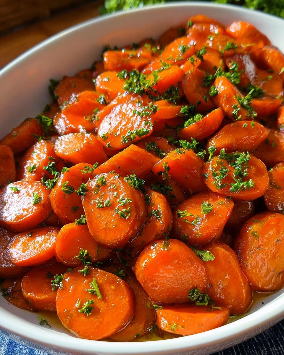 Close-up of a white bowl filled with glistening Glazed Carrots, garnished with fresh parsley.