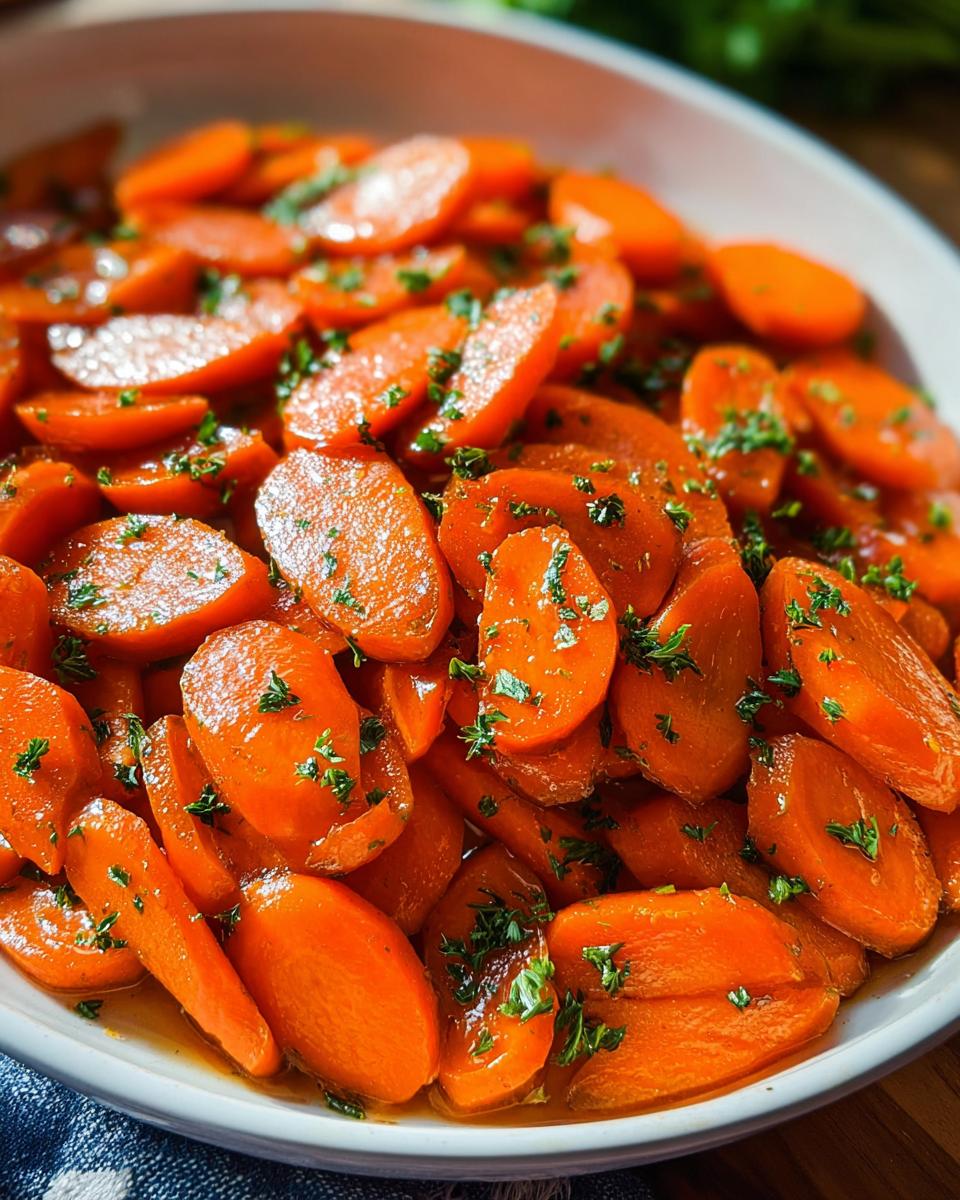 Close-up of a bowl filled with vibrant, tender Glazed Carrots (Thanksgiving Recipe), garnished with fresh parsley.