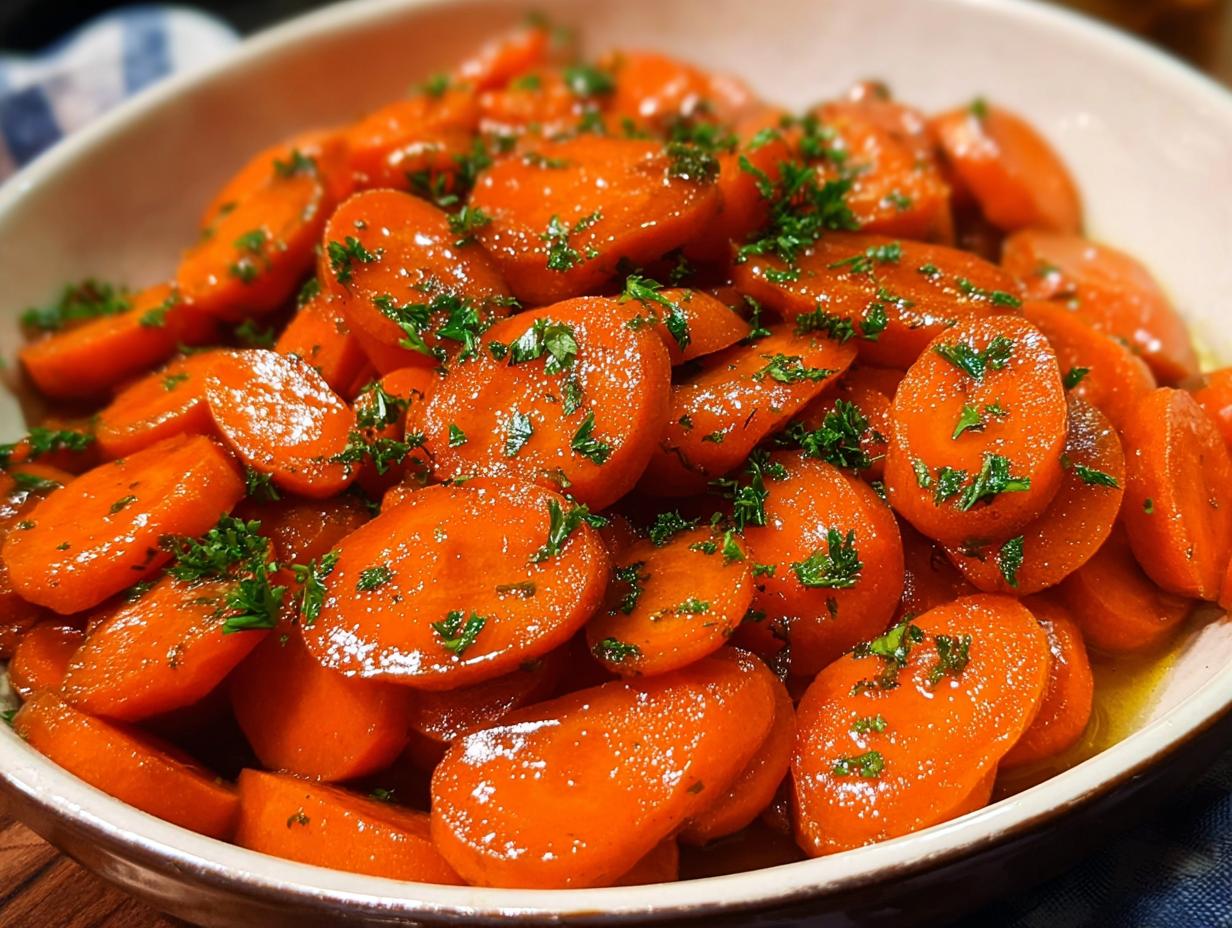 Close-up of a bowl filled with glistening glazed carrots, sprinkled with fresh parsley, perfect for Thanksgiving.
