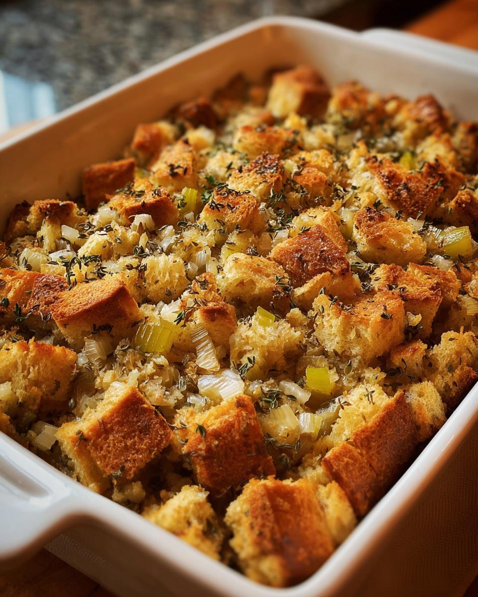 Close-up of Grandma's Thanksgiving Stuffing in a white baking dish, featuring golden-brown bread cubes, celery, and herbs.