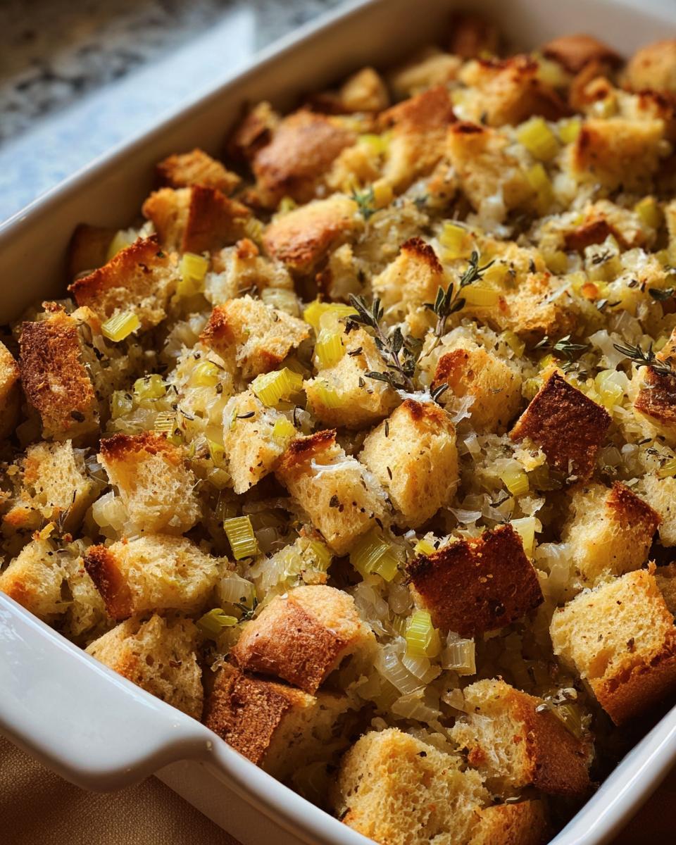 Close-up of Grandma's Thanksgiving Stuffing in a white baking dish, featuring toasted bread cubes, celery, and herbs.
