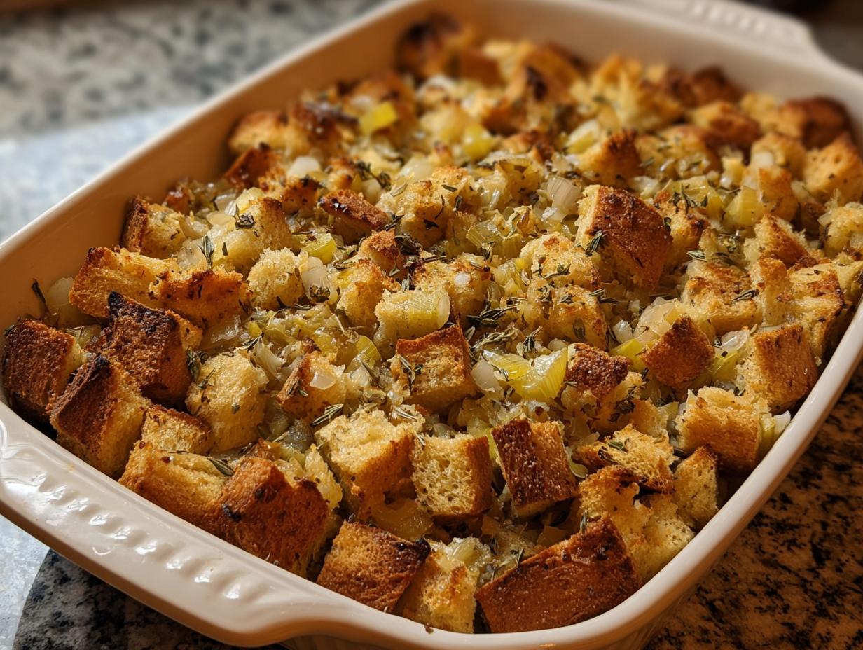 Close-up of Grandma's Thanksgiving Stuffing baked in a white ceramic dish, featuring golden-brown bread cubes and herbs.