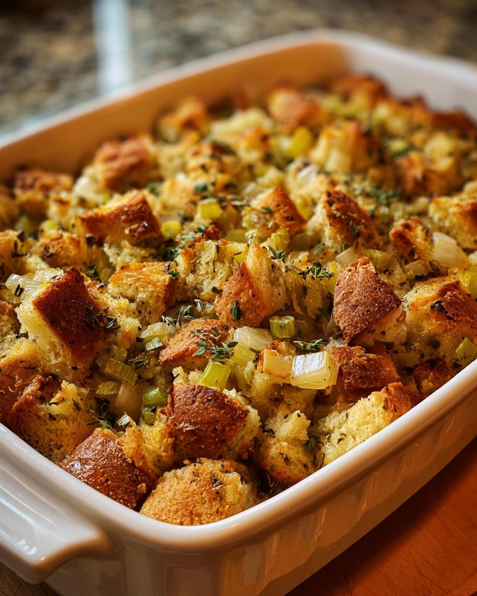 Close-up of Grandma's Thanksgiving Stuffing in a white baking dish, featuring golden-brown bread cubes, celery, and herbs.