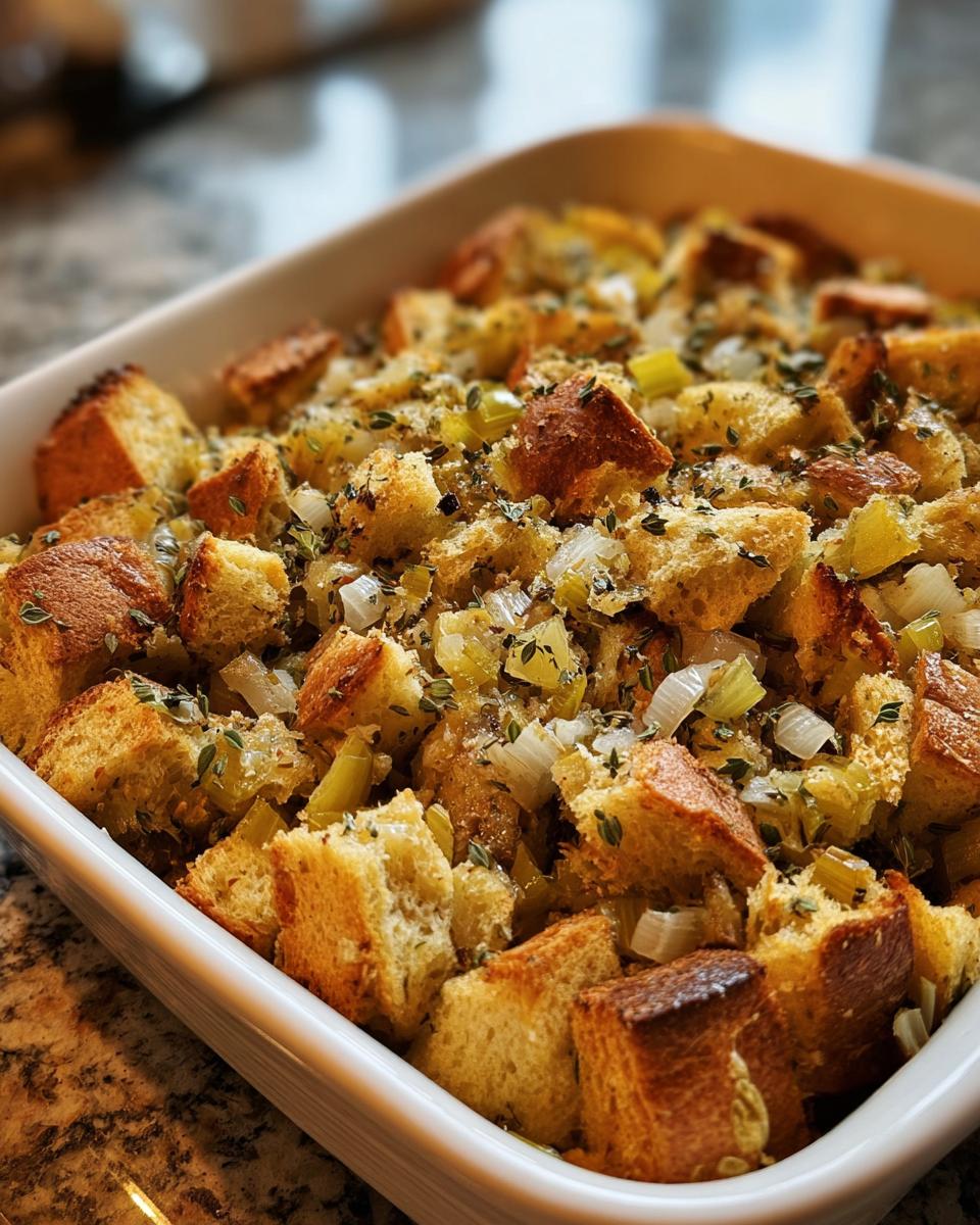 Close-up of Grandma’s Thanksgiving Stuffing in a white baking dish, featuring golden-brown bread cubes, celery, and herbs.