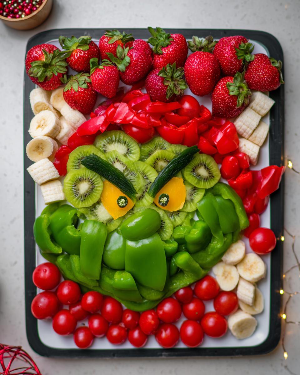 A fun Grinch Fruit and Veggie Tray made with green bell peppers, kiwi, strawberries, bananas, and cherry tomatoes.