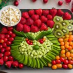 A Grinch Fruit and Veggie Tray featuring strawberries, kiwi, green peppers, edamame, and cherry tomatoes arranged in the shape of the Grinch's face.