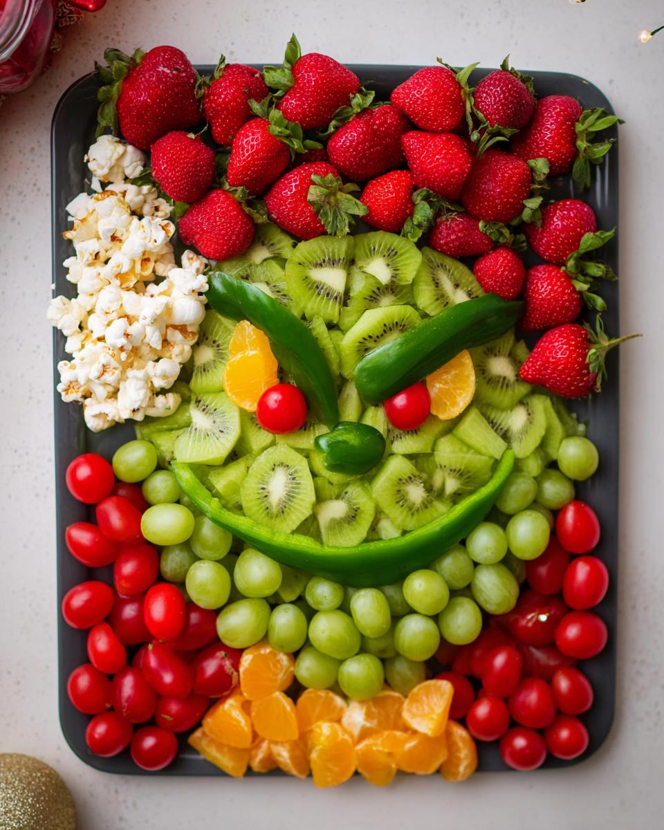 A Grinch Fruit and Veggie Tray made with strawberries, kiwi, grapes, tomatoes, oranges, and popcorn.