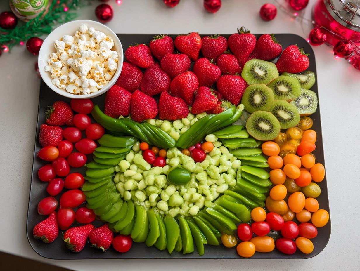 A Grinch Fruit and Veggie Tray featuring strawberries, kiwi, green peppers, edamame, and cherry tomatoes arranged in the shape of the Grinch's face.