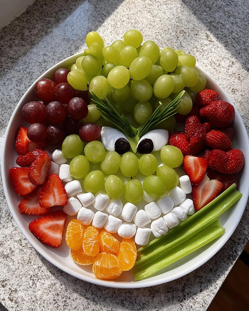 A fun Grinch fruit tray made with green and red grapes, strawberries, marshmallows, tangerines, and celery.