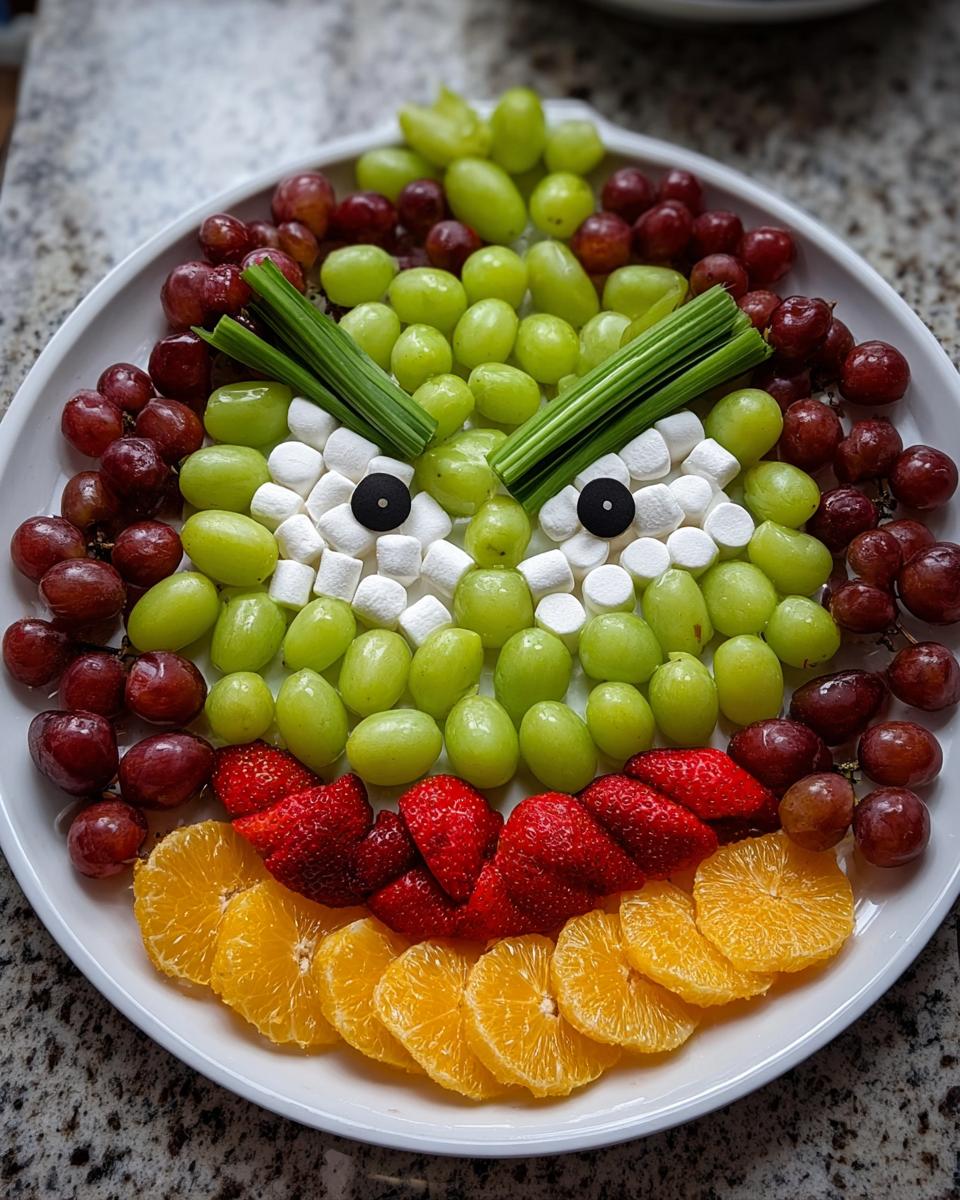 A fun Grinch Fruit Tray made with green and red grapes, strawberries, oranges, marshmallows, and celery.