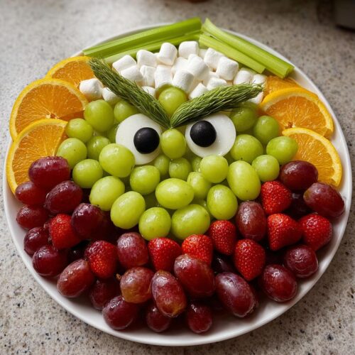 A creative Grinch Fruit Tray arranged in the shape of an owl, featuring green and red grapes, strawberries, oranges, marshmallows, and celery.