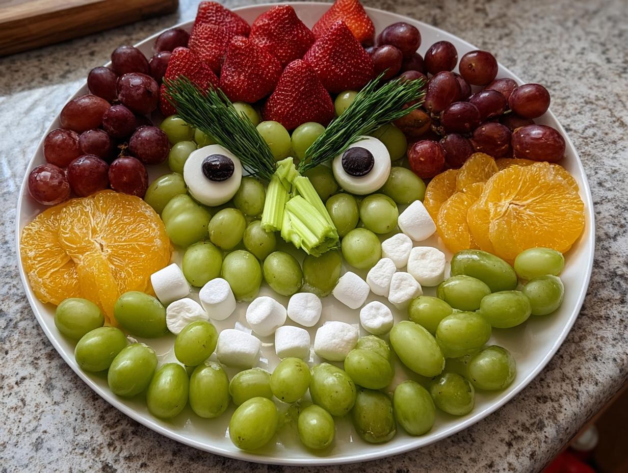 A whimsical Grinch fruit tray made with green grapes, strawberries, oranges, marshmallows, and celery.