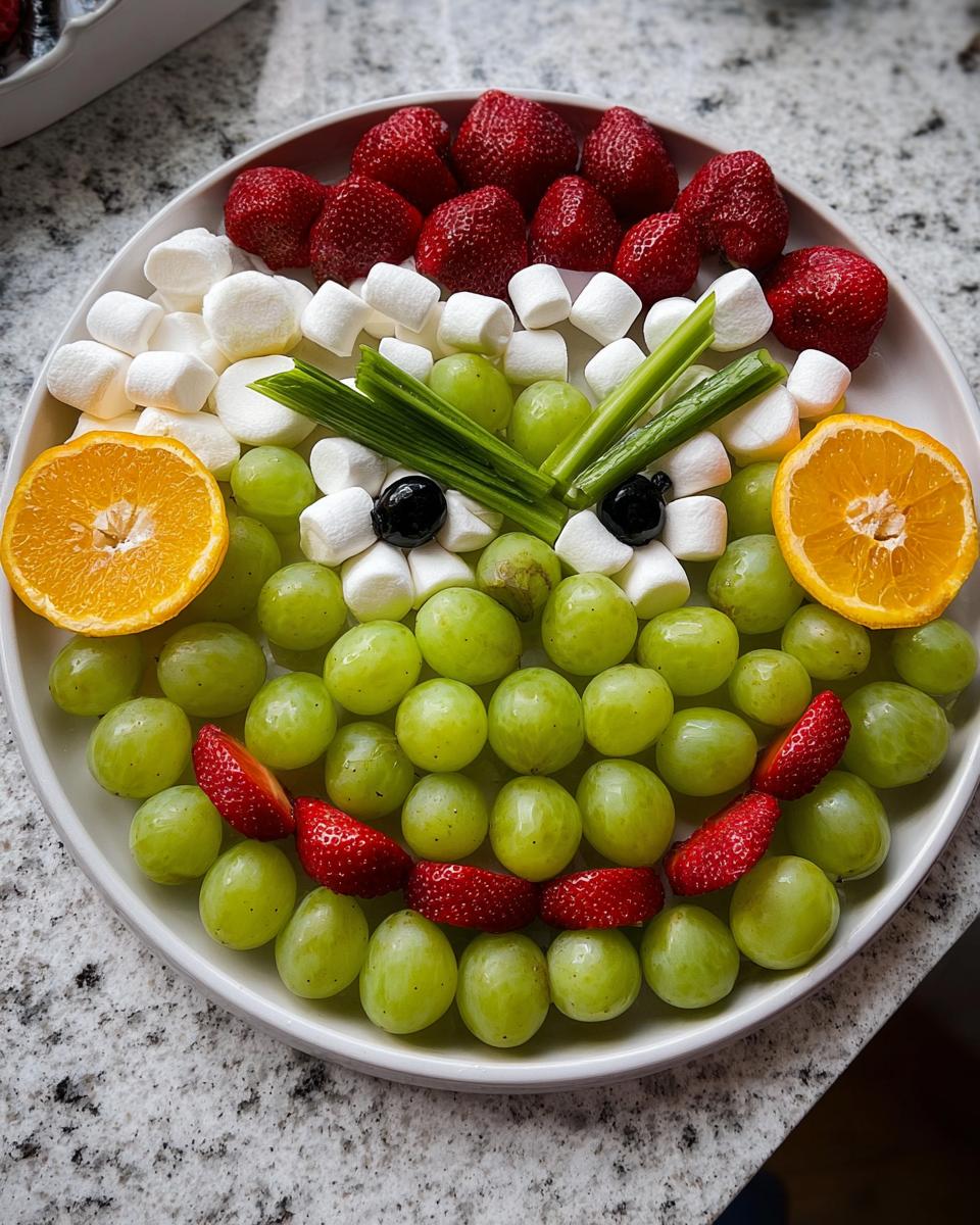 A fun Grinch Fruit Tray made with green grapes, strawberries, marshmallows, oranges, and olives.