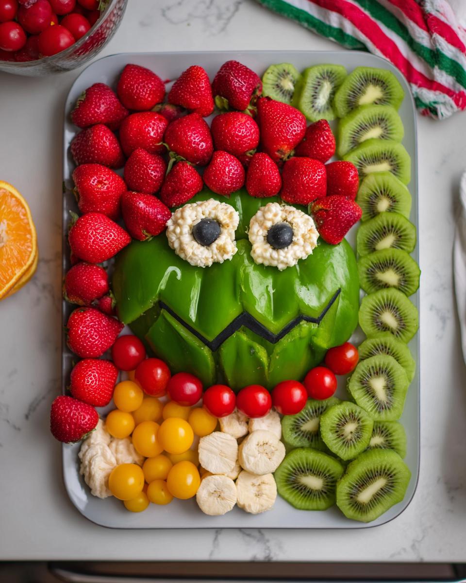 A Grinch Fruit and Veggie Tray featuring a green bell pepper Grinch face surrounded by strawberries, kiwi slices, cherry tomatoes, and yellow tomatoes.