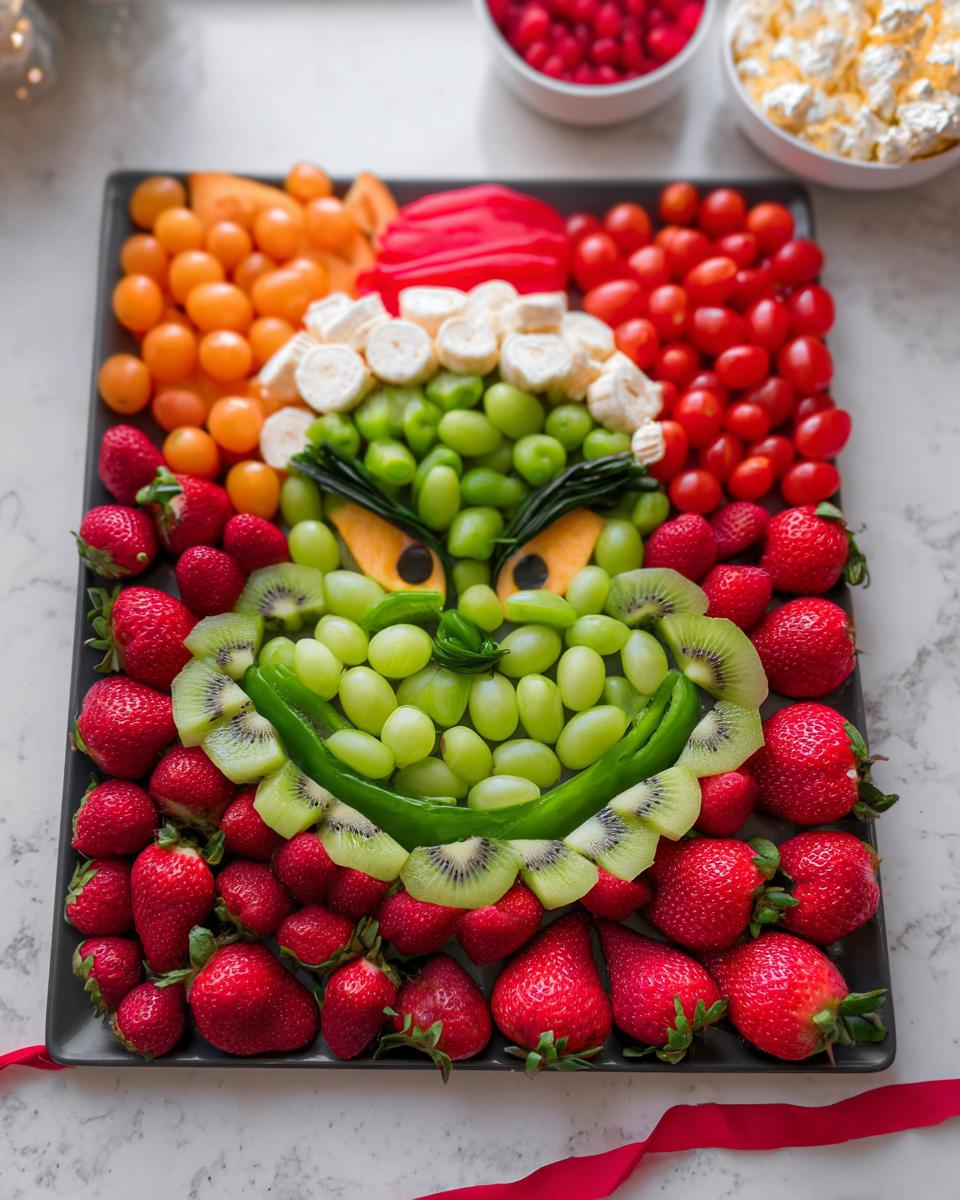 A Grinch Fruit and Veggie Tray featuring grapes for the face, strawberries for the body, and kiwi for the ears.