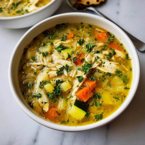 A close-up of a bowl of Healthy Chicken Orzo Veggie Soup, filled with shredded chicken, orzo pasta, carrots, zucchini, and potatoes, garnished with parsley.
