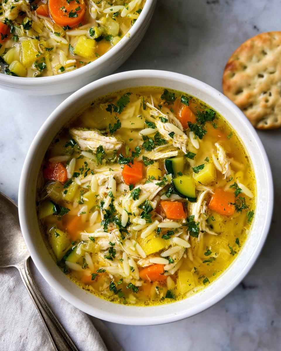 A close-up of a bowl of Healthy Chicken Orzo Veggie Soup, filled with shredded chicken, orzo pasta, carrots, zucchini, and herbs.
