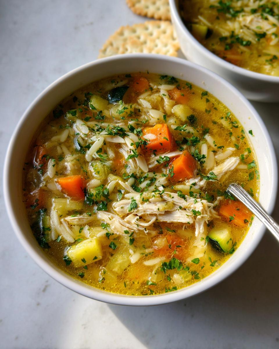 A close-up of a bowl of Healthy Chicken Orzo Veggie Soup, filled with shredded chicken, orzo pasta, carrots, zucchini, and herbs.