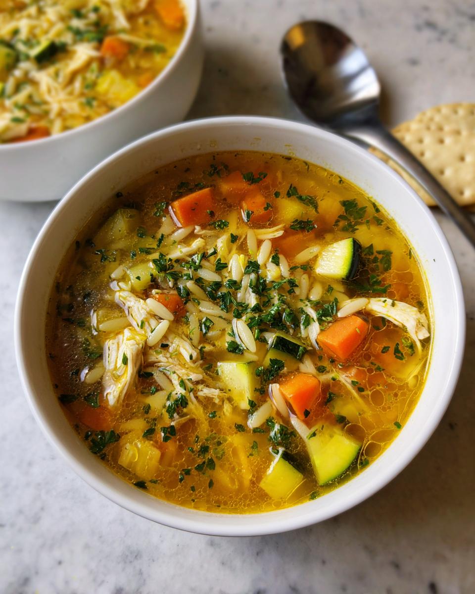 A close-up of a bowl of Healthy Chicken Orzo Veggie Soup, filled with shredded chicken, orzo pasta, carrots, zucchini, and herbs.