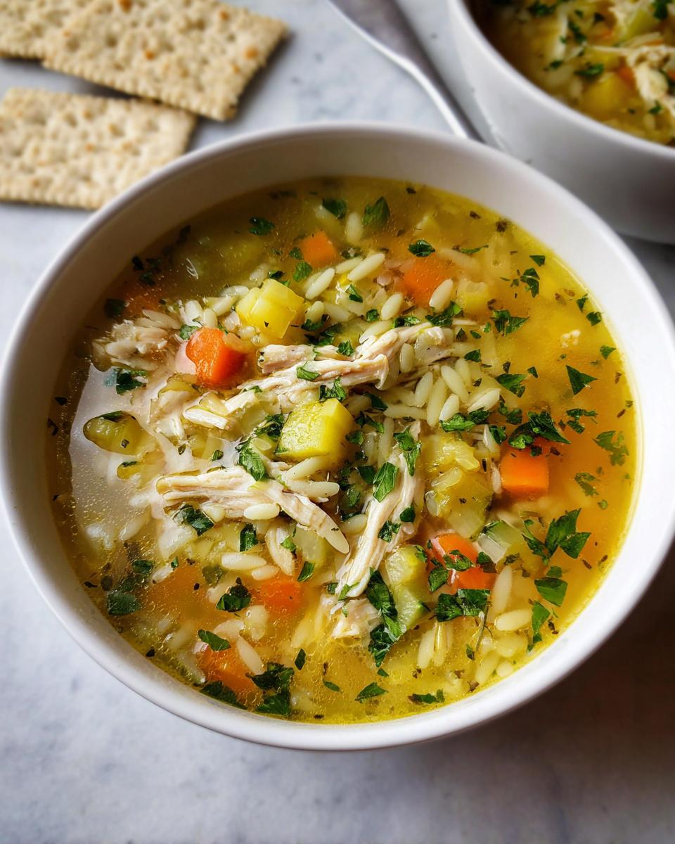 A close-up of a bowl of Healthy Chicken Orzo Veggie Soup, filled with shredded chicken, orzo pasta, carrots, and potatoes.