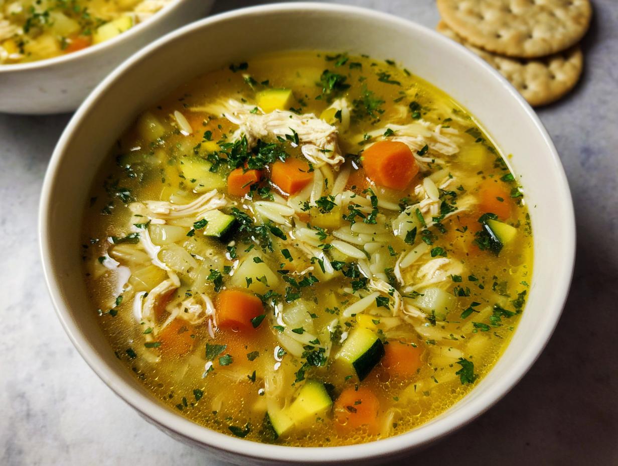 A close-up bowl of Healthy Chicken Orzo Veggie Soup, filled with shredded chicken, orzo pasta, carrots, zucchini, and herbs.