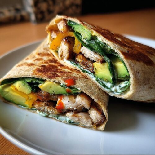 A close-up of two halves of a Healthy Garlic Chicken & Veggie Cheese Wrap, showing chicken, avocado, bell peppers, and greens.