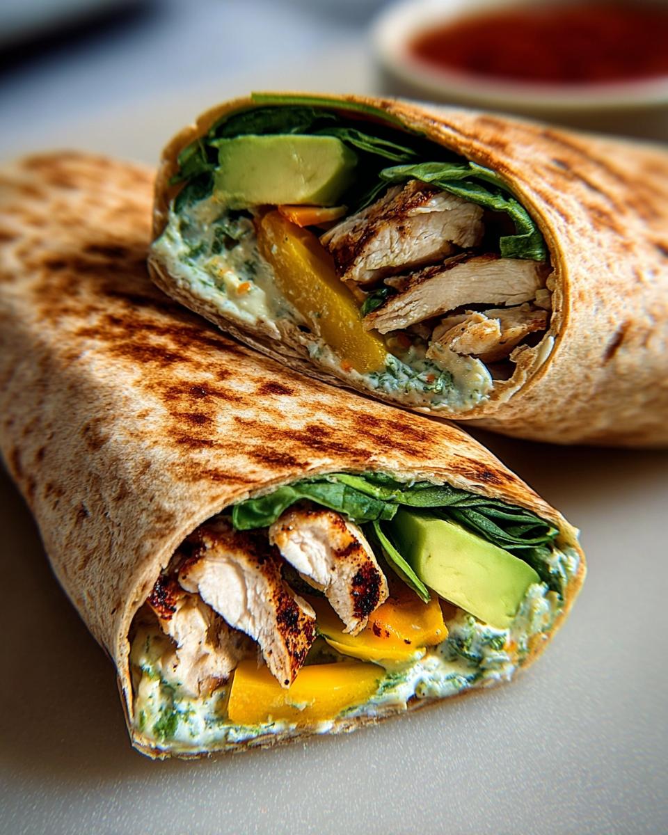 Close-up of a Healthy Garlic Chicken & Veggie Cheese Wrap, sliced in half, showing grilled chicken, avocado, and vegetables.