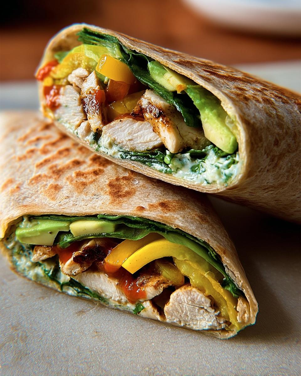 Close-up of a Healthy Garlic Chicken & Veggie Cheese Wrap cut in half, showing grilled chicken, avocado, bell peppers, and greens.