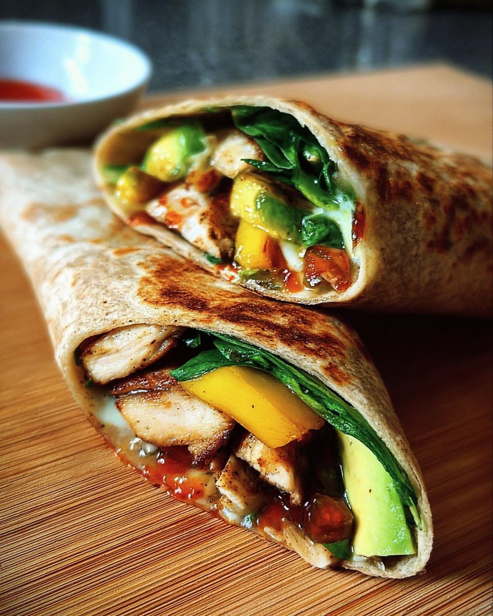 Close-up of a Healthy Garlic Chicken & Veggie Cheese Wrap, sliced in half, revealing chicken, avocado, spinach, and yellow bell pepper.